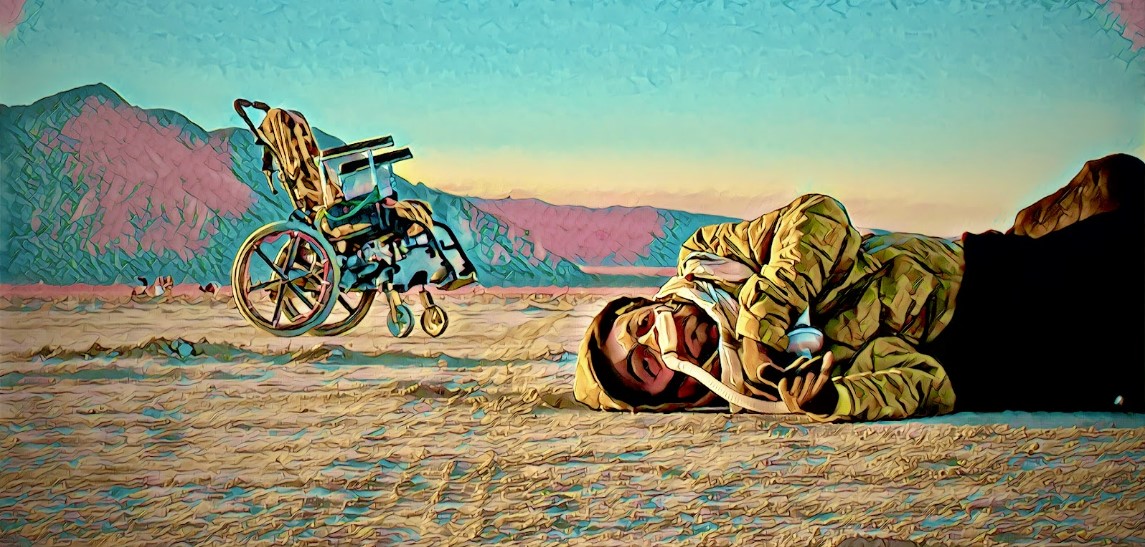 Victor Pineda artwork showing a person lying in a desert landscape with a wheelchair nearby