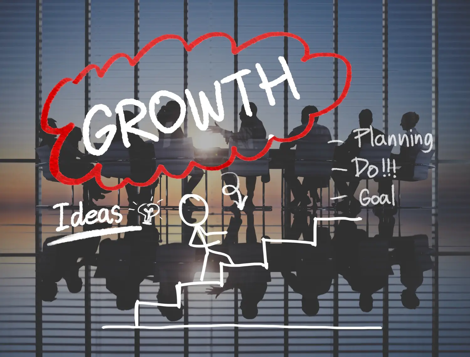 Business silhouettes with a growth strategy illustration showing ideas, planning, and goals