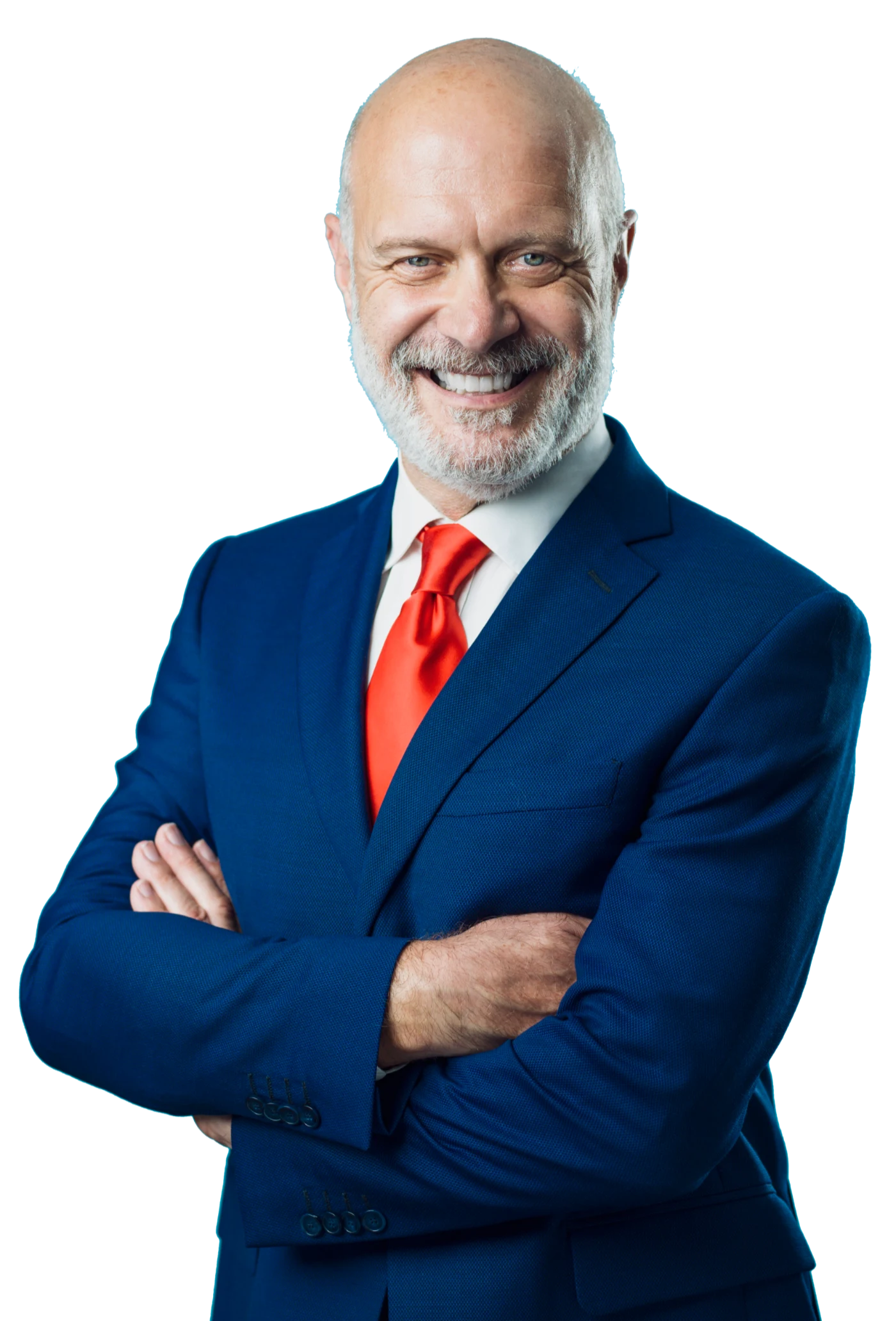 Smiling professional man in a blue suit with arms crossed