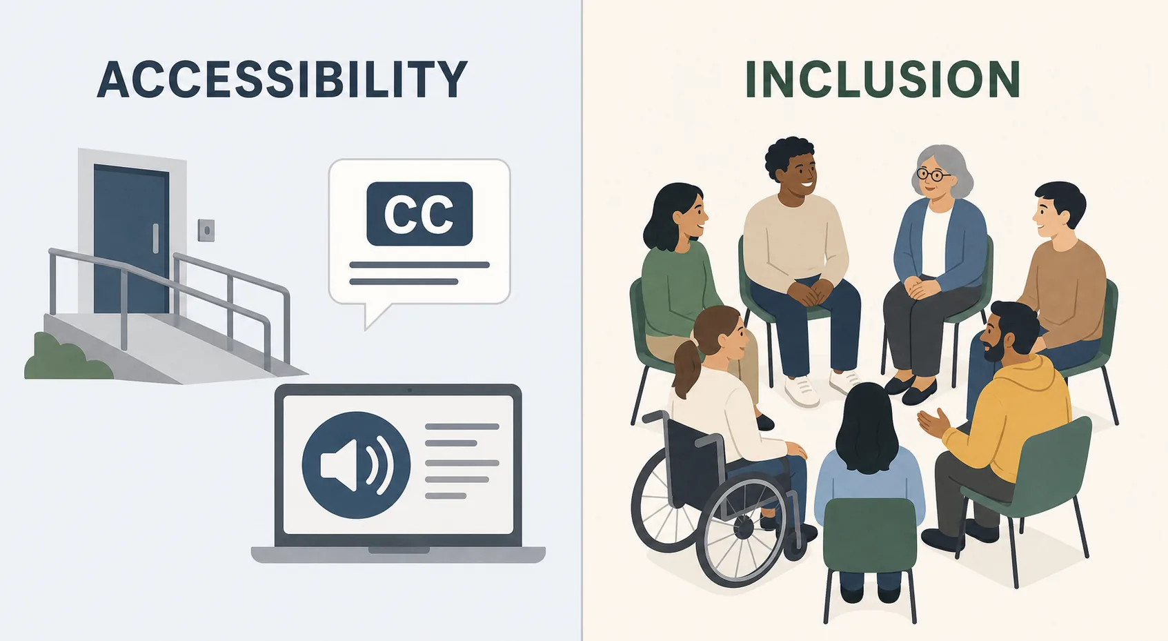 Comparison graphic contrasting accessibility barriers removal with inclusion and full participation
