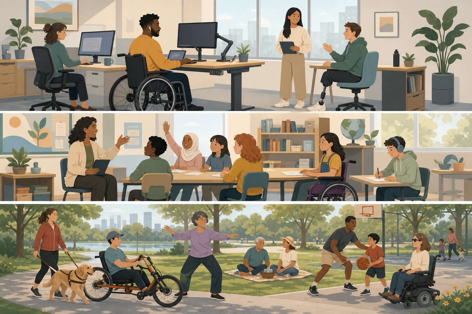 Illustration of disability inclusion across workplace, education, and community settings