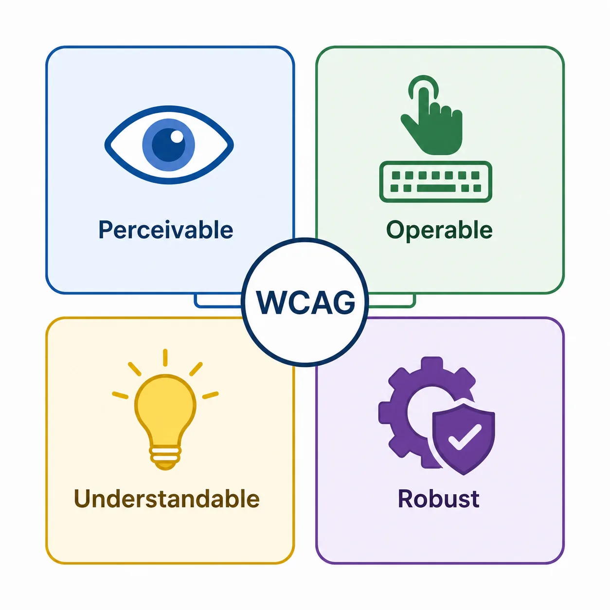 Diagram of the four WCAG POUR principles: Perceivable, Operable, Understandable, Robust