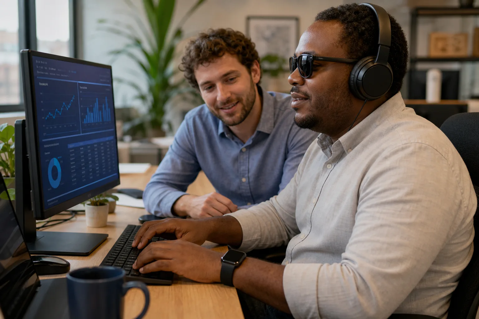 Employee using a screen reader working alongside a colleague on accessible workplace software