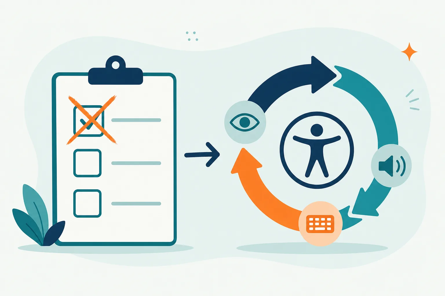 Flat illustration contrasting a one-time checklist with an ongoing cycle, representing common accessibility mistakes