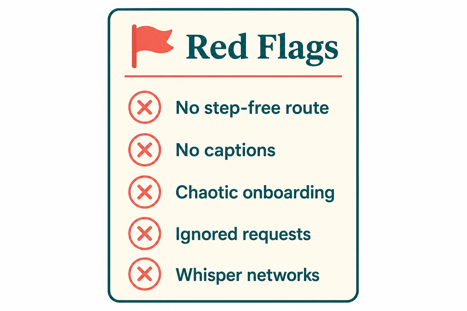 Infographic checklist of workplace accessibility red flags including no step-free route, no captions, chaotic onboarding, and ignored requests