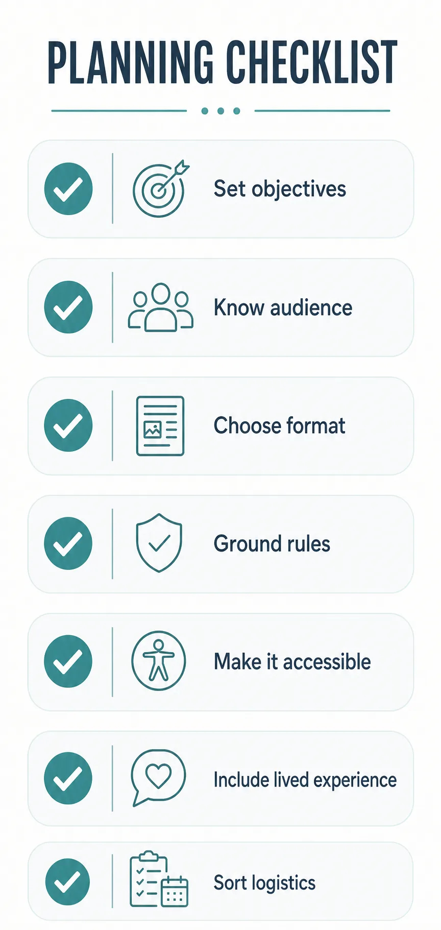 A seven-item planning checklist infographic for preparing a disability awareness training session