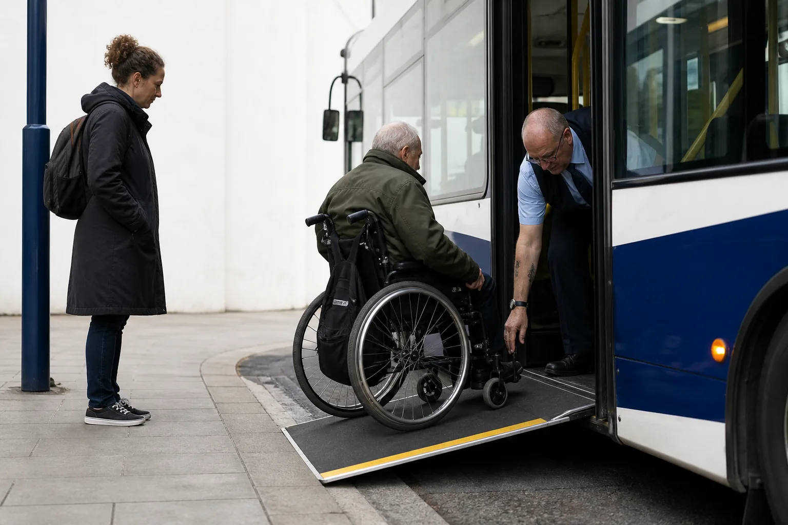 Wheelchair user boarding a low-floor city bus on a deployed ramp at a raised kerb stop while the driver steadies the ramp
